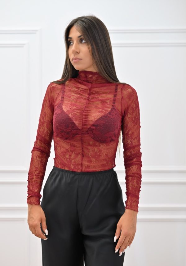 New Collection C KONTOVA BORDEAUX LACE RUFFLED BODYSUIT