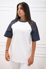New Collection C KONTOVA DENIM LOOK SLEEVE T-SHIRT AND WHITE SCUBA FITTED PANTS