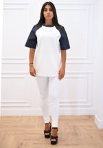 New Collection C KONTOVA DENIM LOOK SLEEVE T-SHIRT AND WHITE SCUBA FITTED PANTS