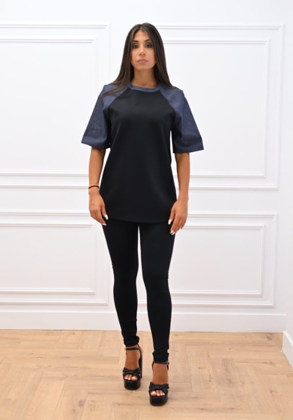 Clothes C KONTOVA DENIM LOOK SLEEVE T-SHIRT AND BLACK SCUBA FITTED PANTS
