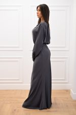 New Collection C KONTOVA GREY SATIN LONG FLARED DRESS