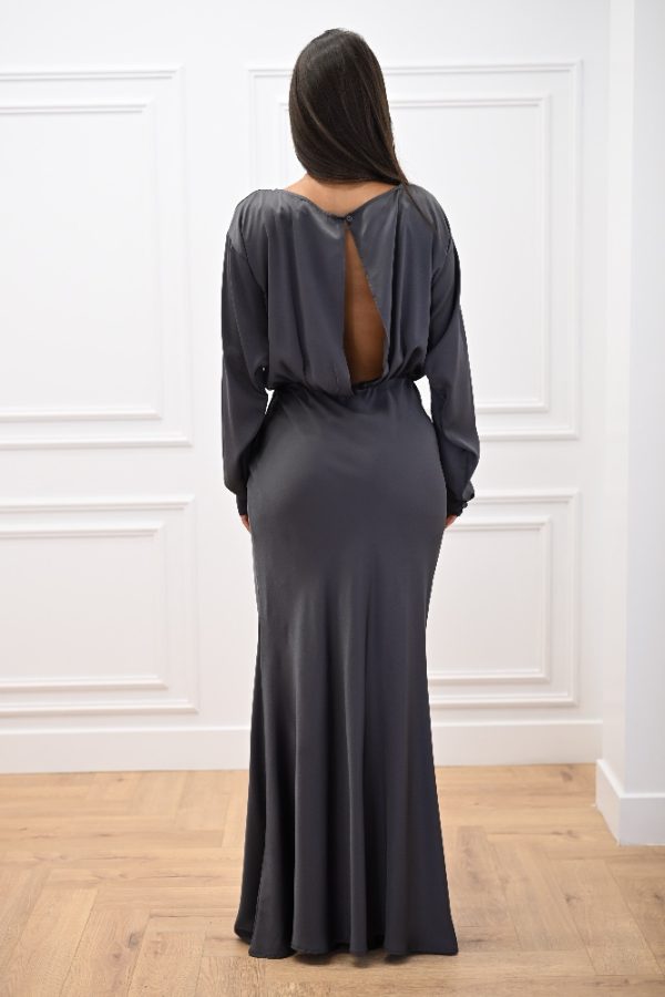 New Collection C KONTOVA GREY SATIN LONG FLARED DRESS