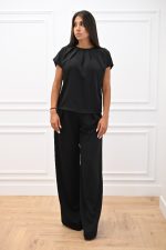 New Collection C KONTOVA BLACK PLEATED TOP AND BLACK WIDE LEG PANTS