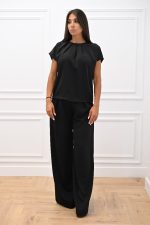 New Collection C KONTOVA BLACK PLEATED TOP AND BLACK WIDE LEG PANTS