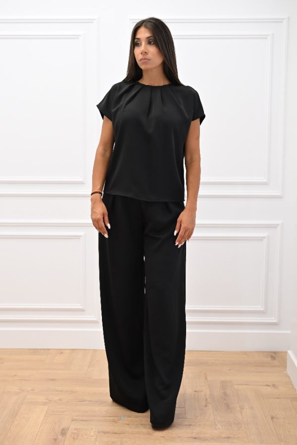 New Collection C KONTOVA BLACK PLEATED TOP AND BLACK WIDE LEG PANTS
