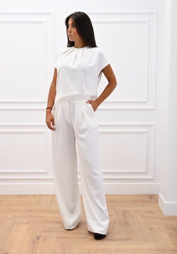 New Collection C KONTOVA WHITE PLEATED TOP AND WHITE WIDE LEG PANTS
