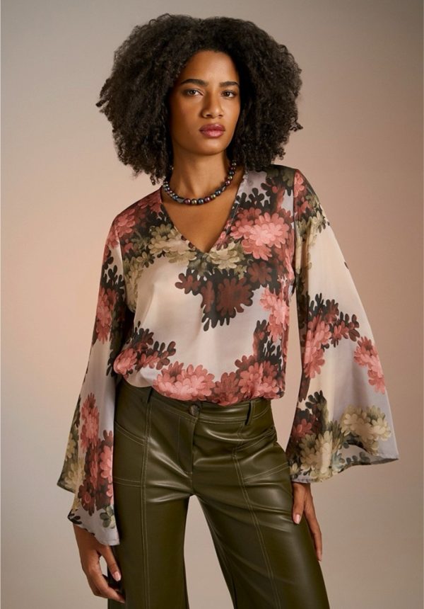 New Collection BE YOU PRINTED SATIN TOP WITH FLARE SLEEVES