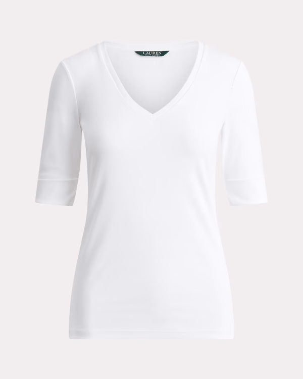 New Collection LAUREN RALPH LAUREN STRETCH COTTON ELBOW-SLEEVE V-NECH TEE