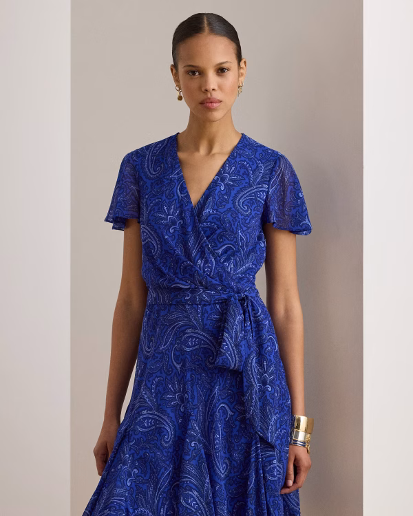 New Collection LAUREN RALPH LAUREN PAISLEY CRINKLE GEORGETTE SURPLICE DRESS