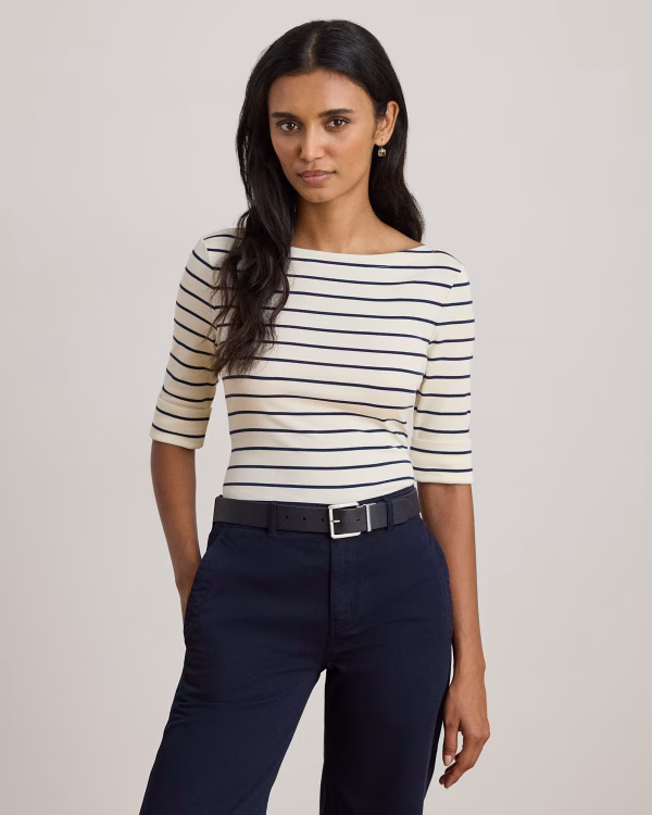 New Collection LAUREN RALPH RAUREN STRIPED STRETCH COTTON BOATNECK T-SHIRT