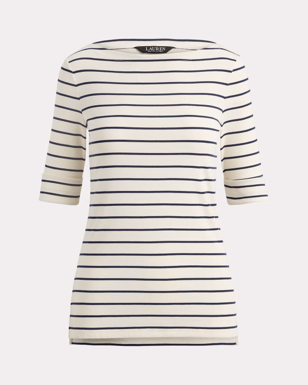 New Collection LAUREN RALPH RAUREN STRIPED STRETCH COTTON BOATNECK T-SHIRT