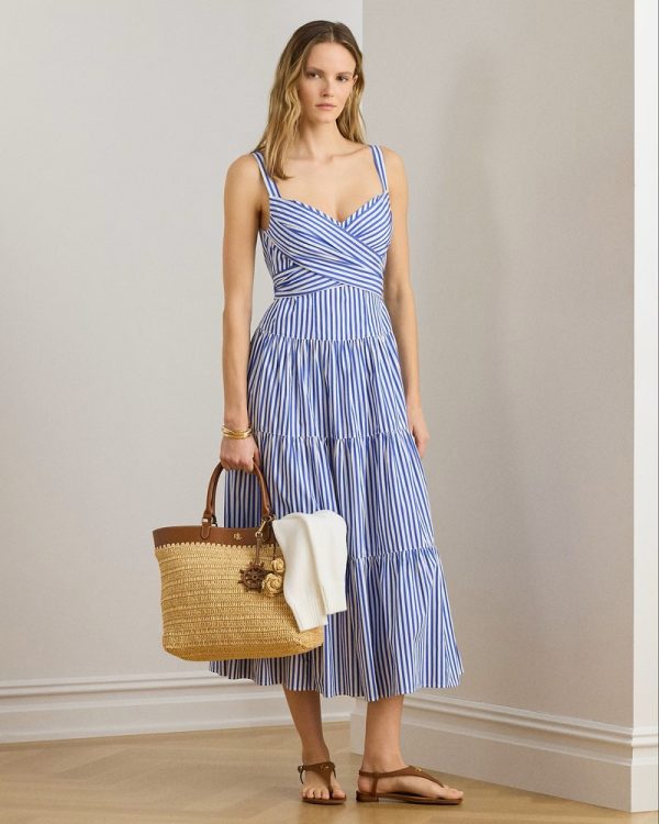 New Collection LAUREN RALPH LAUREN STRIPED COTTTON BROADCLOTH TIERED DRESS