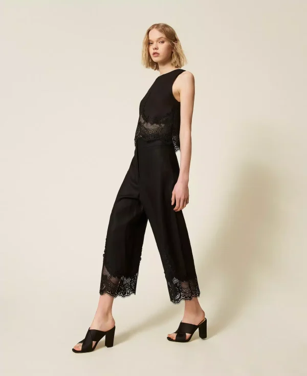 Clothing TWINSET SET LINEN TOP WITH LACE & LINEN CROPPED TROUSERS WITH LACE