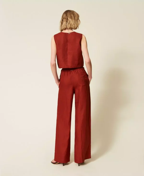 Clothes TWINSET SET LINEN TOP WITH EMBROIDERED LOGO & LINEN TROUSERS WITH EMBROIDERED LOGO