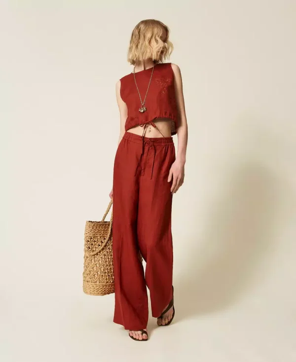 Clothes TWINSET SET LINEN TOP WITH EMBROIDERED LOGO & LINEN TROUSERS WITH EMBROIDERED LOGO