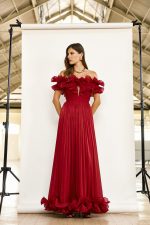 Clothes MAESTRI EVENING GLOW OFF-SHOULDER MAXI DRESS WITH DRAMATIC RUFFLED BODICE, FLOWING PLEATED SKIRT AND ROMANTIC FLORAL HEM DETAIL