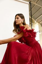 Clothes MAESTRI EVENING GLOW OFF-SHOULDER MAXI DRESS WITH DRAMATIC RUFFLED BODICE, FLOWING PLEATED SKIRT AND ROMANTIC FLORAL HEM DETAIL