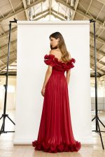 Clothes MAESTRI EVENING GLOW OFF-SHOULDER MAXI DRESS WITH DRAMATIC RUFFLED BODICE, FLOWING PLEATED SKIRT AND ROMANTIC FLORAL HEM DETAIL