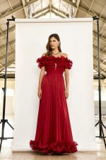 Clothes MAESTRI EVENING GLOW OFF-SHOULDER MAXI DRESS WITH DRAMATIC RUFFLED BODICE, FLOWING PLEATED SKIRT AND ROMANTIC FLORAL HEM DETAIL