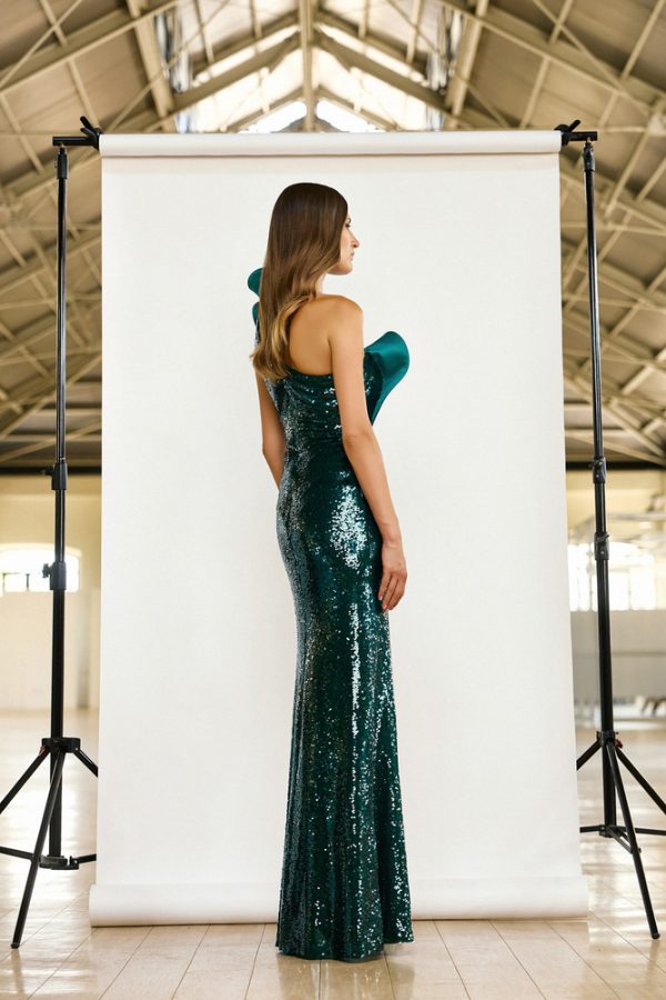 Clothes MAESTRI EVENING GLOW SEQUIN ONE-SHOULDER MAXI DRESS WITH SCULPTURAL RUFFLE DETAIL AND HIGH FRONT SLIT FOR A GLAMOROUS STATEMENT LOOK.