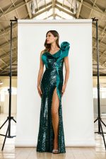 Clothes MAESTRI EVENING GLOW SEQUIN ONE-SHOULDER MAXI DRESS WITH SCULPTURAL RUFFLE DETAIL AND HIGH FRONT SLIT FOR A GLAMOROUS STATEMENT LOOK.