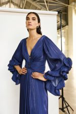 Clothes MAESTRI EVENING GLOW FLOWING MAXI DRESS WITH DEEP V-NECKLINE, ELEGANT DRAPED WAIST AND STATEMENT RUFFLED SLEEVES IN A SOPHISTICATED INDIGO