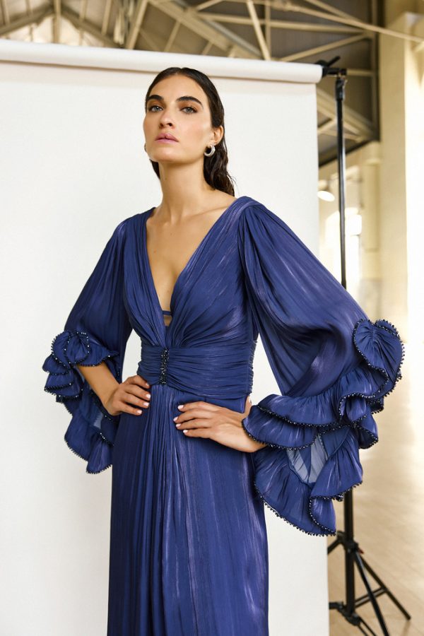 Clothes MAESTRI EVENING GLOW FLOWING MAXI DRESS WITH DEEP V-NECKLINE, ELEGANT DRAPED WAIST AND STATEMENT RUFFLED SLEEVES IN A SOPHISTICATED INDIGO