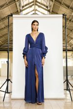 Clothes MAESTRI EVENING GLOW FLOWING MAXI DRESS WITH DEEP V-NECKLINE, ELEGANT DRAPED WAIST AND STATEMENT RUFFLED SLEEVES IN A SOPHISTICATED INDIGO