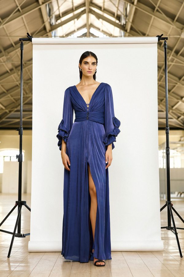 Clothes MAESTRI EVENING GLOW FLOWING MAXI DRESS WITH DEEP V-NECKLINE, ELEGANT DRAPED WAIST AND STATEMENT RUFFLED SLEEVES IN A SOPHISTICATED INDIGO