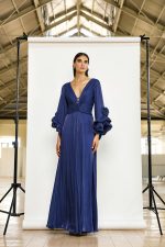Clothes MAESTRI EVENING GLOW FLOWING MAXI DRESS WITH DEEP V-NECKLINE, ELEGANT DRAPED WAIST AND STATEMENT RUFFLED SLEEVES IN A SOPHISTICATED INDIGO