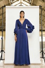 Clothes MAESTRI EVENING GLOW FLOWING MAXI DRESS WITH DEEP V-NECKLINE, ELEGANT DRAPED WAIST AND STATEMENT RUFFLED SLEEVES IN A SOPHISTICATED INDIGO