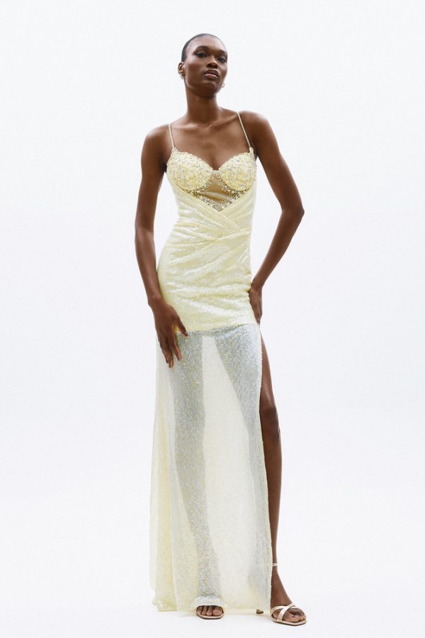 Clothes ALLURE EVENING GLOW SPARKLING MAXI DRESS WITH CRYSTAL EMBELLISHED BODICE, DELICATE STRAPS, DRAPED WAIST AND HIGH SLIT
