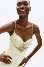 Clothing ALLURE EVENING GLOW SPARKLING MAXI DRESS WITH CRYSTAL EMBELLISHED BODICE, DELICATE STRAPS, DRAPED WAIST AND HIGH SLIT