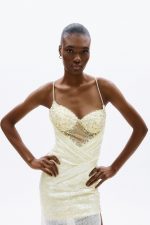 Clothing ALLURE EVENING GLOW SPARKLING MAXI DRESS WITH CRYSTAL EMBELLISHED BODICE, DELICATE STRAPS, DRAPED WAIST AND HIGH SLIT