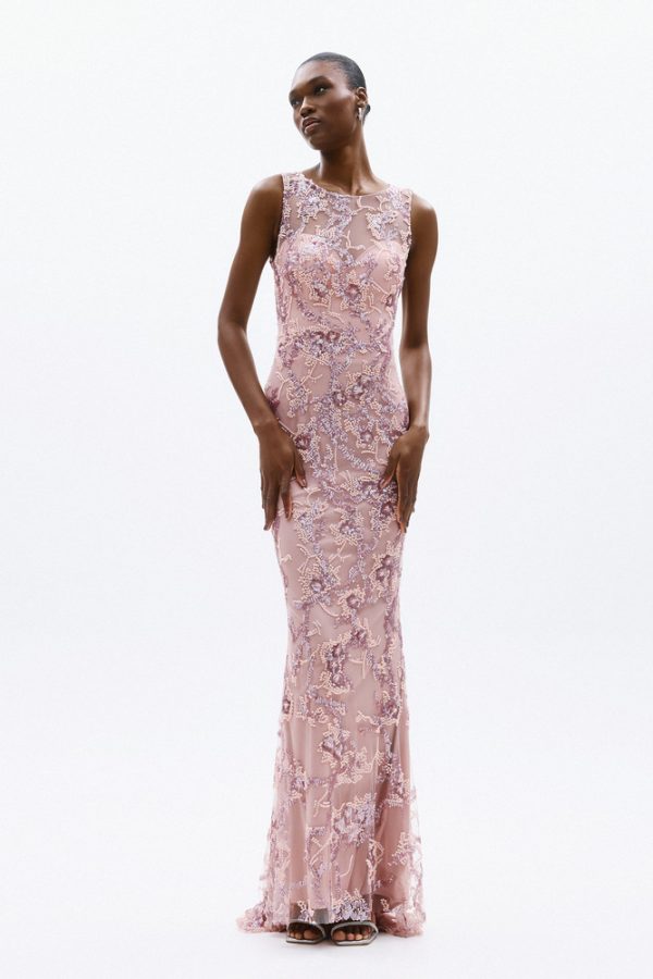 Clothes ALLURE EVENING GLOW EMBROIDERED SHEER MAXI DRESS WITH FLORAL LACE DETAILS AND ELEGANT FITTED SILHOUETTE