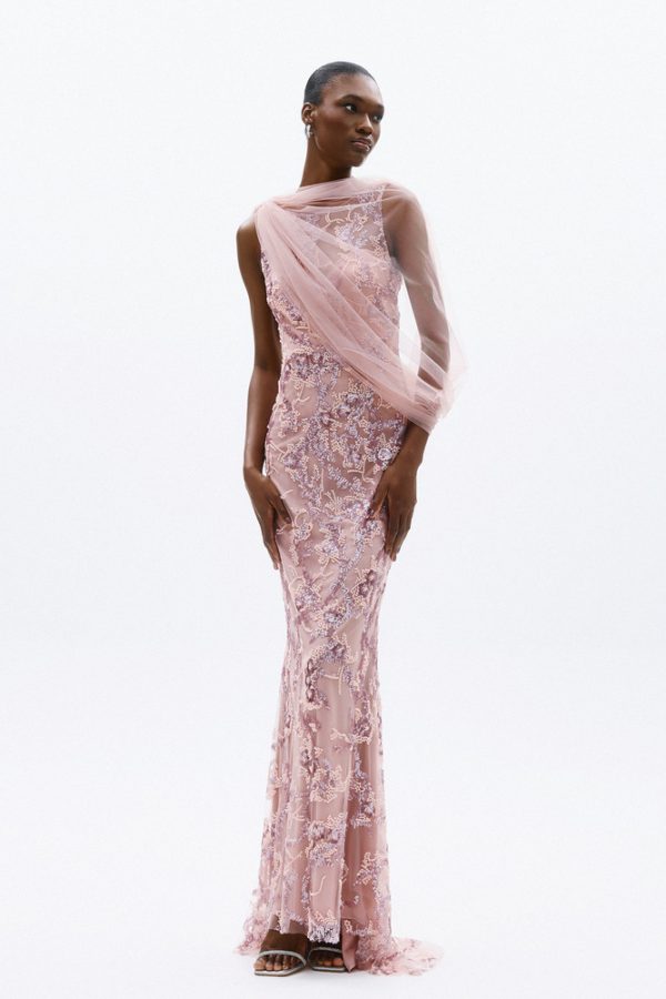 Clothes ALLURE EVENING GLOW EMBROIDERED SHEER MAXI DRESS WITH FLORAL LACE DETAILS AND ELEGANT FITTED SILHOUETTE