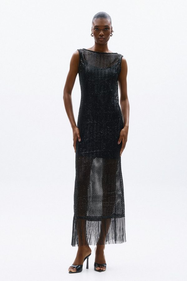 Clothes ALLURE EVENING GLOW SLEEVELESS MESH MAXI DRESS WITH SHEER TEXTURE, ELEGANT FIT AND FRINGED HEM FOR A BOLD