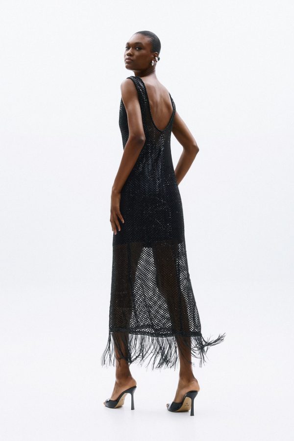 Clothes ALLURE EVENING GLOW SLEEVELESS MESH MAXI DRESS WITH SHEER TEXTURE, ELEGANT FIT AND FRINGED HEM FOR A BOLD