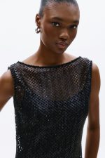 Clothes ALLURE EVENING GLOW SLEEVELESS MESH MAXI DRESS WITH SHEER TEXTURE, ELEGANT FIT AND FRINGED HEM FOR A BOLD