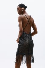 Clothes ALLURE EVENING GLOW SLEEVELESS MESH MINI DRESS WITH DEEP V-NECKLINE AND FRINGED HEM FOR A BOLD AND GLAMOROUS LOOK.