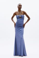 Clothes ALLURE EVENING CRYSTAL HALTER NECK MAXI DRESS WITH DRAPED BODICE, CUT-OUT DETAIL AND ELEGANT FITTED SILHOUETTE IN A SOFT