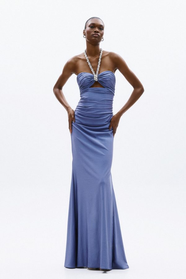 Clothes ALLURE EVENING CRYSTAL HALTER NECK MAXI DRESS WITH DRAPED BODICE, CUT-OUT DETAIL AND ELEGANT FITTED SILHOUETTE IN A SOFT