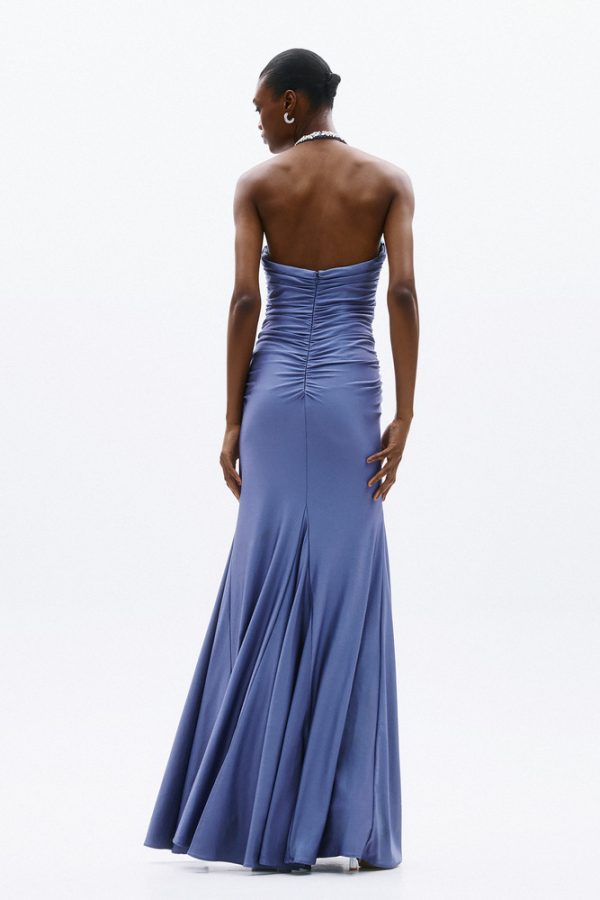 Clothes ALLURE EVENING CRYSTAL HALTER NECK MAXI DRESS WITH DRAPED BODICE, CUT-OUT DETAIL AND ELEGANT FITTED SILHOUETTE IN A SOFT