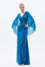 Clothes ALLURE EVENING MAXI DRESS WITH DEEP V-NECKLINE, DRAPED WAIST, STATEMENT EMBELLISHED DETAIL