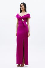 Clothes ALLURE EVENING MAXI DRESS OFF-SHOULDER SATIN MAXI DRESS WITH ELEGANT DRAPED NECKLINE, GOLD EMBELLISHED DETAIL