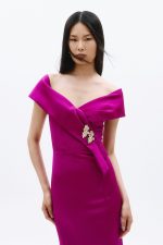 Clothes ALLURE EVENING MAXI DRESS OFF-SHOULDER SATIN MAXI DRESS WITH ELEGANT DRAPED NECKLINE, GOLD EMBELLISHED DETAIL