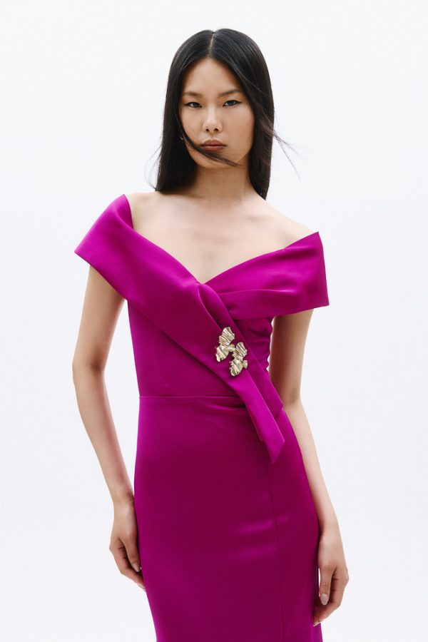 Clothes ALLURE EVENING MAXI DRESS OFF-SHOULDER SATIN MAXI DRESS WITH ELEGANT DRAPED NECKLINE, GOLD EMBELLISHED DETAIL