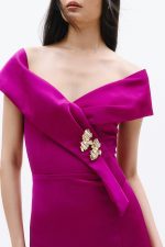 Clothes ALLURE EVENING MAXI DRESS OFF-SHOULDER SATIN MAXI DRESS WITH ELEGANT DRAPED NECKLINE, GOLD EMBELLISHED DETAIL