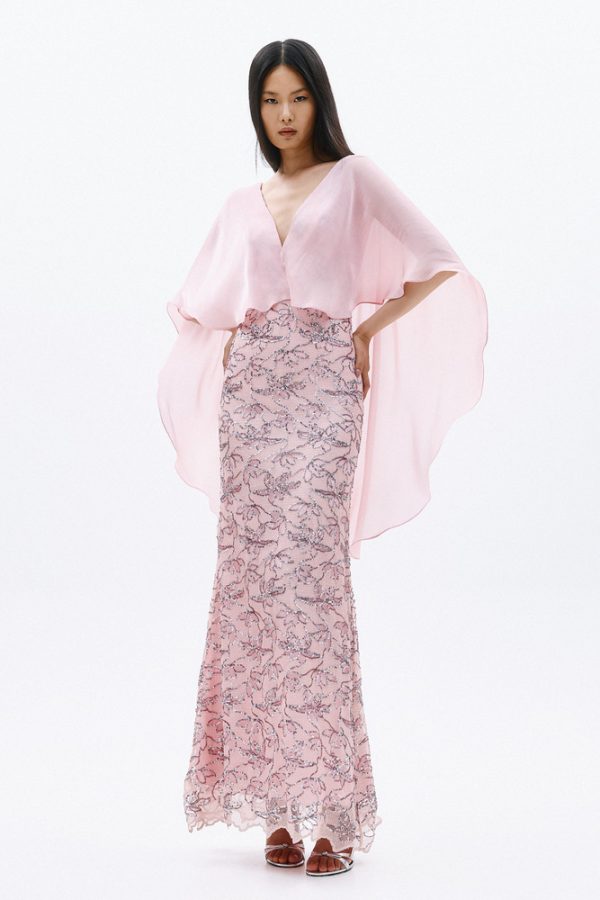 Clothes ALLURE EVENING GLOW ELEGANT EMBROIDERED MAXI DRESS WITH SHEER FLORAL DETAILS AND FLOWING CHIFFON CAPE SLEEVES