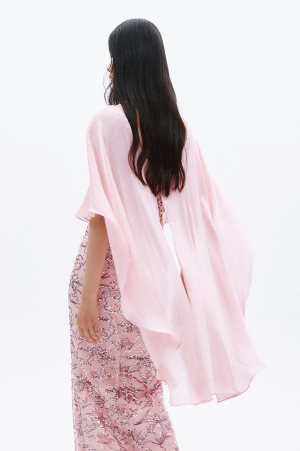Clothes ALLURE EVENING GLOW ELEGANT EMBROIDERED MAXI DRESS WITH SHEER FLORAL DETAILS AND FLOWING CHIFFON CAPE SLEEVES